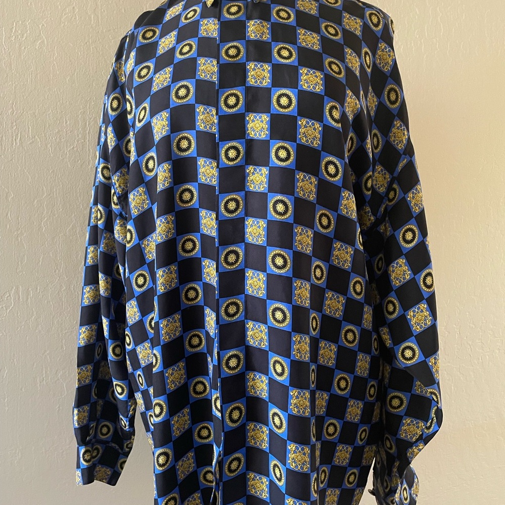 Vintage VERSACE CLASSIC V2 Barocco & Sun Print Black Blue Gold Silk Shirt Sz L